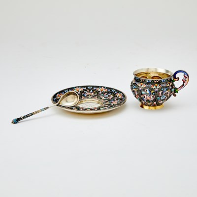 Lot 544 - Russian Silver-Gilt and Cloisonné Enamel Cup, Saucer and Spoon