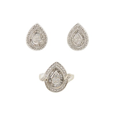 Lot 2263 - White Gold and and Diamond Ring and Pair of Earrings