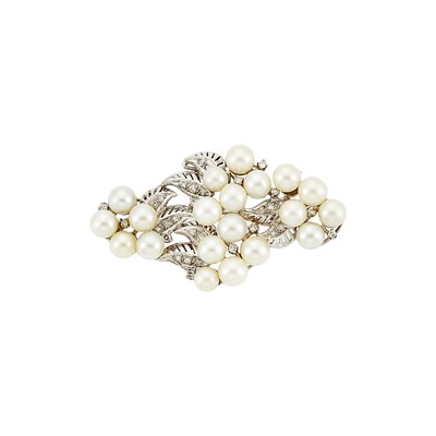 Lot 1170 - Platinum, Cultured Pearl and Diamond Pin