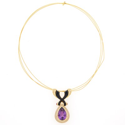 Lot 2317 - Gold, Amethyst, Frosted Rock Crystal, Black Onyx, Cabochon Ruby and Diamond Enhancer with Triple Strand Gold Necklace