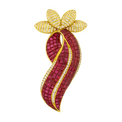 Lot 1132 - Gold, Invisibly-Set Ruby and Diamond Clip-Brooch