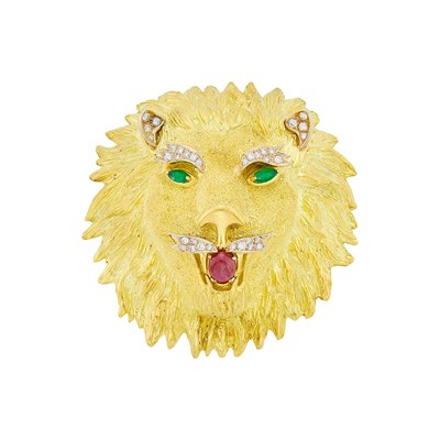 Lot 1161 - Gold, Cabochon Ruby, Emerald and Diamond Lion's Head Clip-Brooch