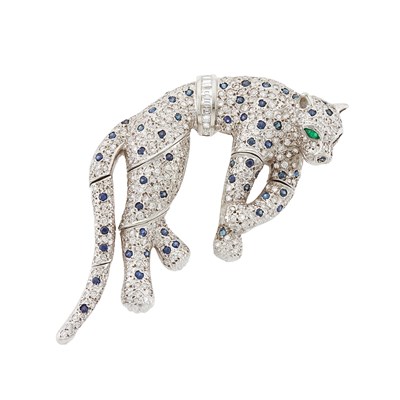 Lot 2298 - White Gold, Diamond, Sapphire and Emerald Panther Brooch