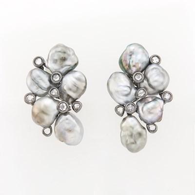 Lot 2270 - Pair of Blackened Gold, Gray Baroque Freshwater Cultured Pearl and Diamond Earrings