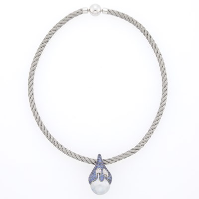 Lot 2293 - Blackened Gold, Gray Baroque Cultured Pearl, Sapphire and Diamond Enhancer with White Gold Woven Necklace