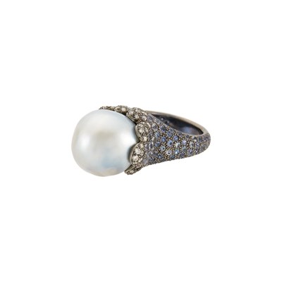 Lot 2292 - Blackened Gold, Gray Baroque Cultured Pearl, Sapphire and Diamond Ring