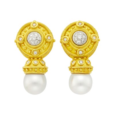 Lot Nerso Pair of High Karat Gold, South Sea Cultured Pearl and Diamond Earclips