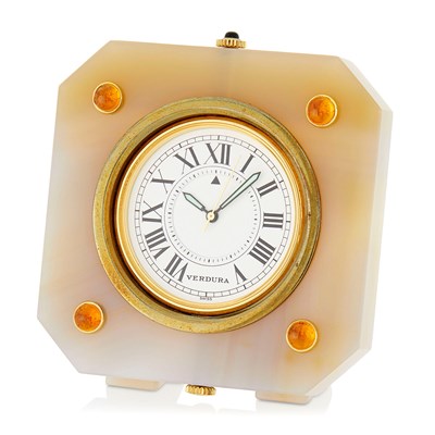 Lot 1120 - Verdura Brass, Gold, Agate and Cabochon Citrine Desk Clock