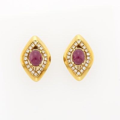 Lot 2370 - Pair of Gold, Cabochon Ruby and Diamond Earrings