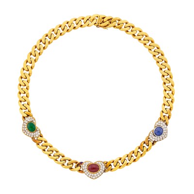 Lot 1162 - Two-Color Gold, Cabochon Colored Stone and Diamond Curb Link Chain Necklace