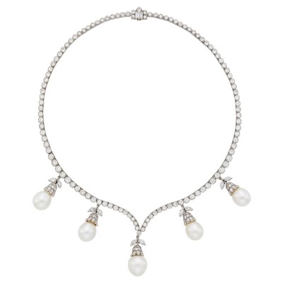 Lot 161 - Platinum, Diamond and South Sea Cultured Pearl Pendant-Necklace