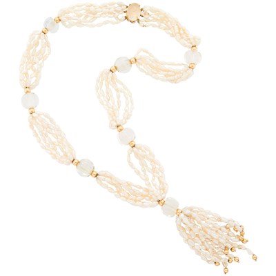 Lot 2377 - Long Seven Strand Baroque Freshwater Pearl, Carved Rock Crystal and Gold Tassle Necklace