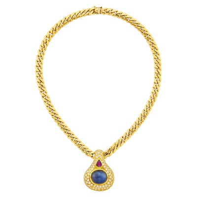 Lot 1110 - Gold, Cabochon Sapphire, Ruby and Diamond Curb Link Pendant-Necklace