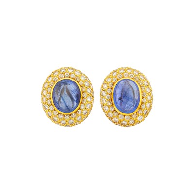 Lot 1109 - Pair of Gold, Cabochon Sapphire and Diamond Earclips