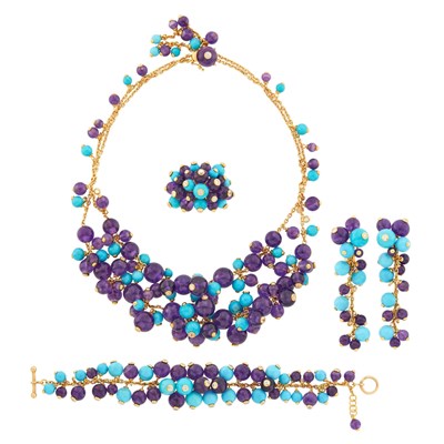 Lot 1140 - Suite of Gold, Amethyst, Turquoise Bead and Diamond Cluster Jewelry