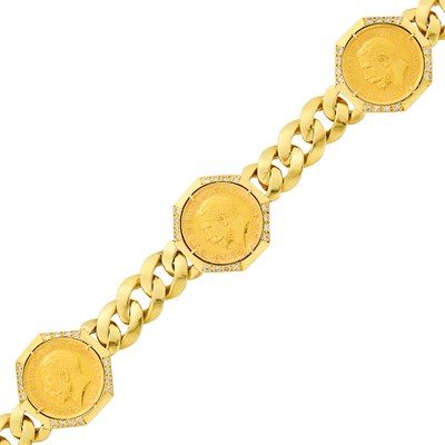 Lot 1141 - Gold, Gold Coin and Diamond Curb Link Bracelet