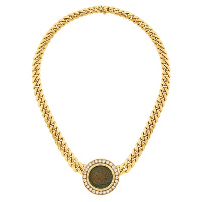 Lot 1008 - Bulgari Gold, Bronze Coin and Diamond Curb Link Chain Necklace