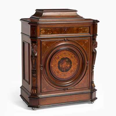 Lot 505 - American Renaissance Revival Walnut and Burl Inlaid and Part Ebonized Cabinet