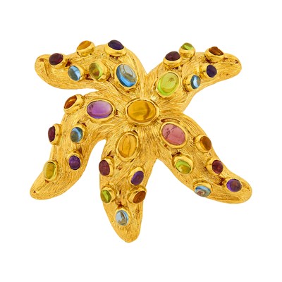 Lot 1143 - Gold and Cabochon Colored Stone Starfish Clip-Brooch