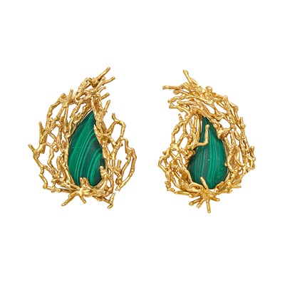 Lot 2144 - Pair of Gold and Malachite Earclips