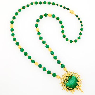 Lot 2145 - Long Malachite Bead and Gold Pendant-Necklace