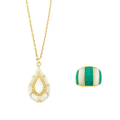 Lot 2050 - Gold, Mother-of-Pearl and Diamond Pendant-Necklace and Malachite Ring