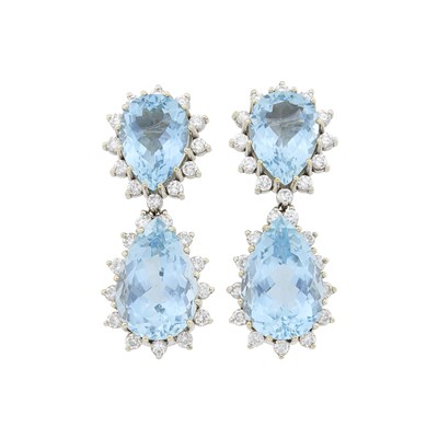 Lot 2090 - Pair of White Gold, Aquamarine, Diamond and Simulated Diamond Pendant-Earclips