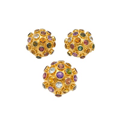 Lot 2138 - Pair of Gold and Colored Stone Bombé Earclips and Ring