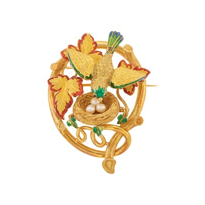 Lot 2228 - Antique Gold, Enamel and Pearl Nesting Bird Brooch, France