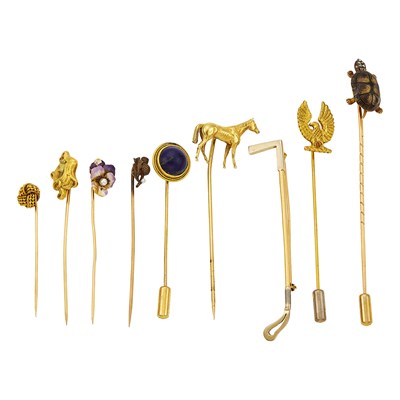 Lot 2426 - Nine Gold, Silver, Enamel and Gem-Set Stick Pins