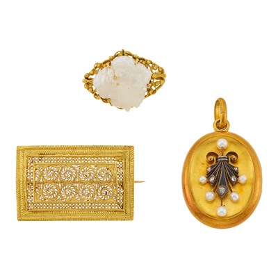 Lot 2201 - Antique Gold FIligree Pin and Baroque Freshwater Pearl Pin and Gold, Silver, Pearl and Diamond Locket