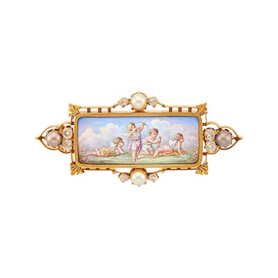 Lot 2240 - Antique Gold, Painted Enamel, Pearl and Diamond Cherub Brooch