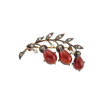 Lot 2186 - Antique Silver, Gold, Cabochon Garnet, Pearl and Diamond Bleeding Heart Brooch, France