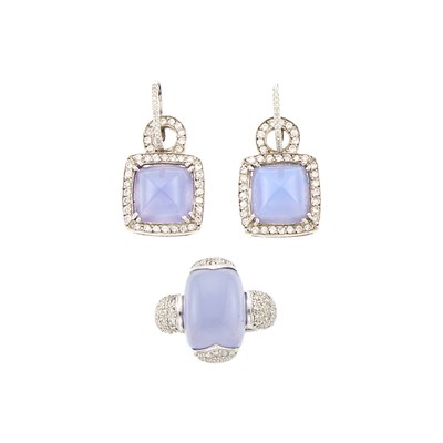 Lot 1274 - Pair of White Gold, Chalcedony and Diamond Pendant-Earrings and Ring