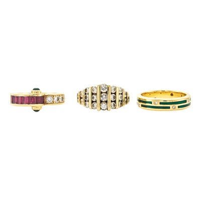 Lot 2176 - Three Gold, Enamel, Gem-Set and Diamond Rings