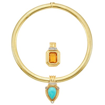 Lot 1256 - Gold Omega Necklace with Two Two-Color Gold, Orange Glass, Turquoise and Diamond Enhancers