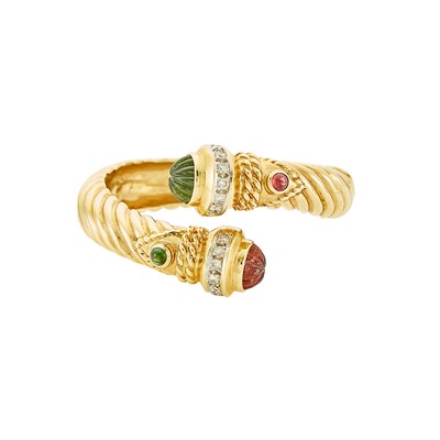 Lot 1048 - Gold, Green and Pink Tourmaline and Diamond Crossover Bangle Bracelet