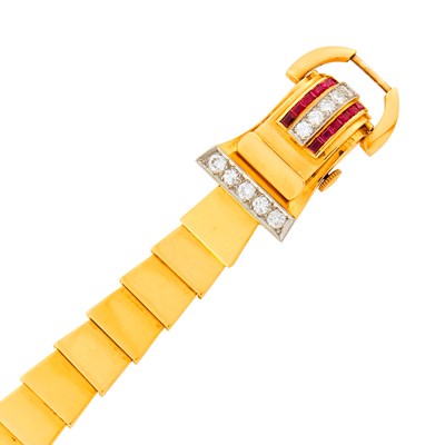 Lot 32 - Gold, Platinum, Diamond and Ruby Bracelet-Watch