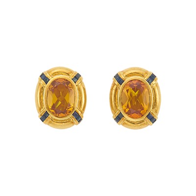 Lot 1242 - Pair of Gold, Citrine and Sapphire Earclips