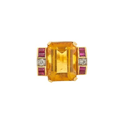 Lot 1243 - Gold, Citrine, Ruby and Diamond Ring