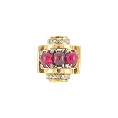 Lot 1247 - Two-Color Gold, Cabochon Ruby and Diamond Ring