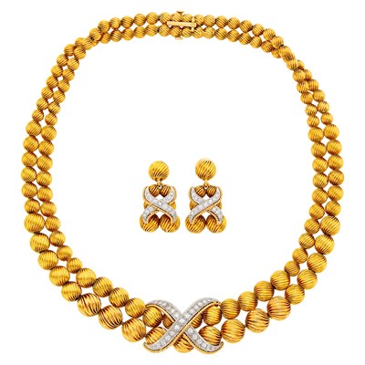 Lot 83 - Double Strand Fluted Gold Bead, Platinum and Diamond Necklace and Pair of Pendant-Earclips