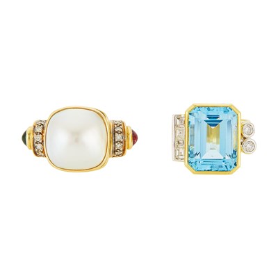 Lot 1239 - Two Two-Color Gold, Blue Topaz, Mabé Pearl, Tourmaline and Diamond Rings