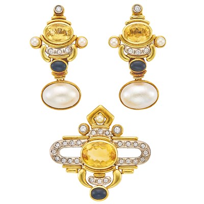 Lot 1232 - Pair of Gold, Citrine, Diamond, Black Onyx and Mabé Pearl Earclips and Two-Color Brooch