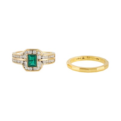 Lot 1105 - Tiffany Gold Band Ring and Gold, Emerald and Diamond Ring