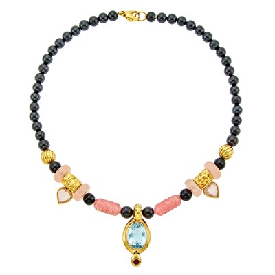 Lot 1297 - Gold, Pink Tourmaline, Rose Quartz, Aquamarine and Black Onyx Bead Necklace