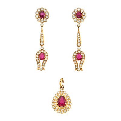 Lot 1295 - Pair of Gold, Ruby and Diamond Pendant-Earrings and Pendant