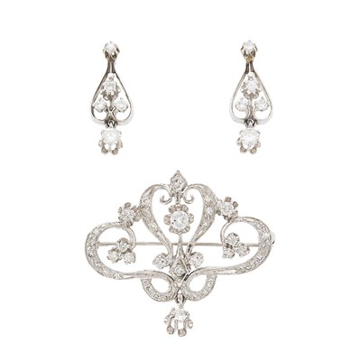 Lot 1141 - White Gold and Diamond Pendant-Brooch and Pair of Earrings