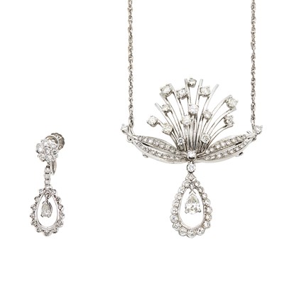 Lot 1257 - White Gold and Diamond Pendant with Chain Necklace and Single Pendant-Earring