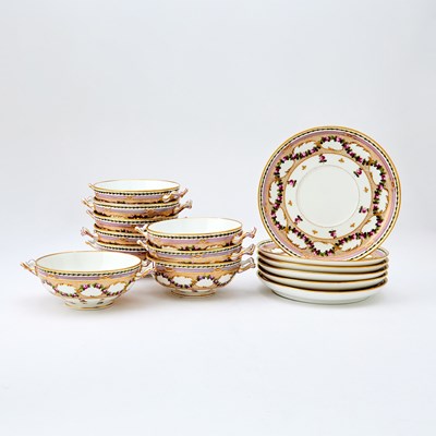 Lot 169 - Set of Dresden Gilt and Hand-Painted Porcelain Two-Handled Soup Bowls and Underplates